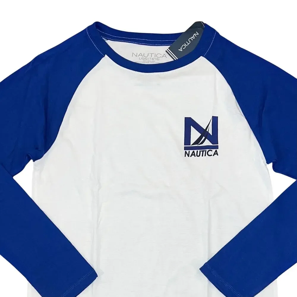 NWT Nautica Boys' White & Blue W/Logo Baseball Tee - SIZE LG (14/16)